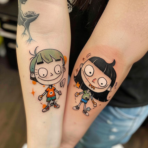Matching tattoos for friends of a cartoon character, in the style of Steve Sack