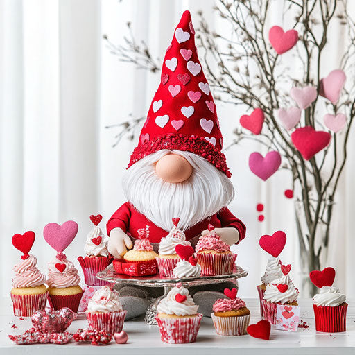Valentine's Day, a gnome in a red and pink hat with hearts, making cupcakes on a table full of Valentine's Day decorations against a white background.