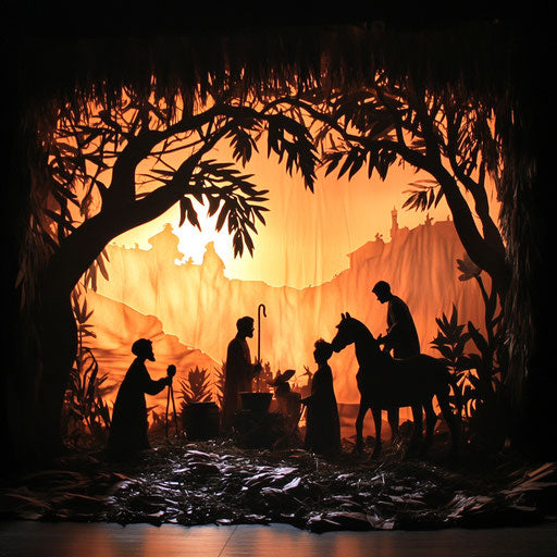Silhouetted nativity scene against brightly lit backdrop