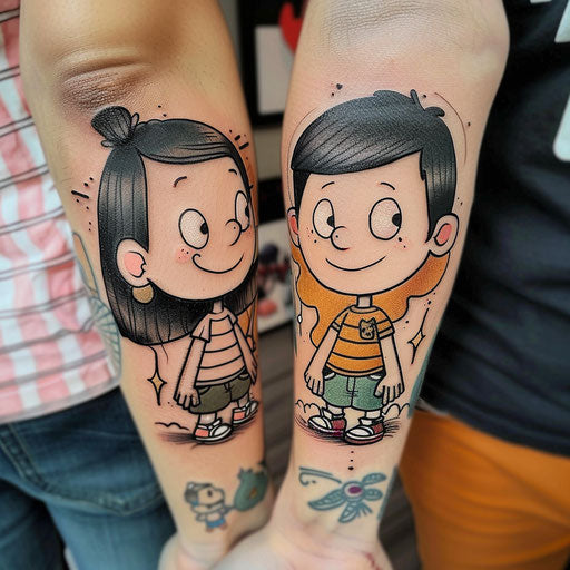Brother and sister tattoos with cartoon character