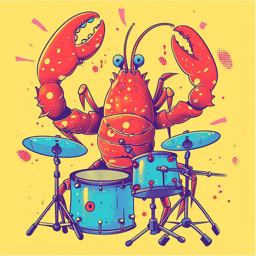 Playful flat tattoo sketch of a cartoon lobster playing drums