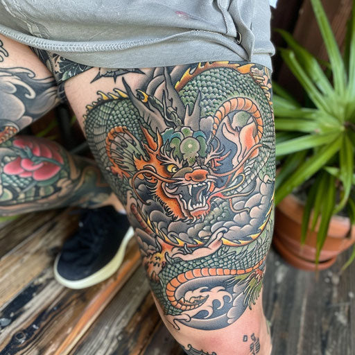 Knee tattoos in the style of Glenn Fabry with a mythical dragon