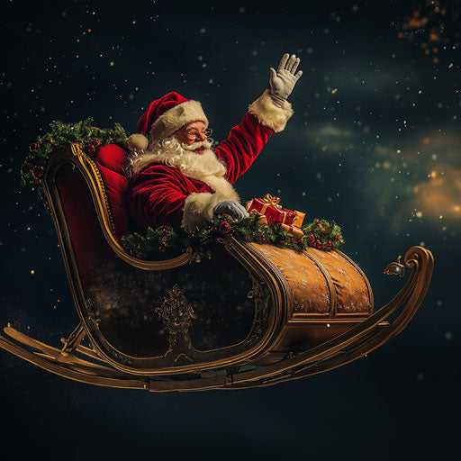 Santa Claus departs into the night sky with his gifts