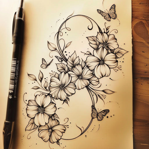 Sketch of a floral infinity symbol with butterflies for women's wrist cover-up tattoo
