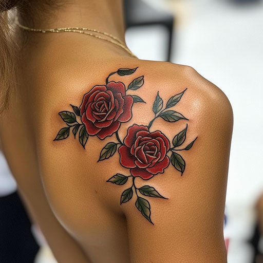 Shoulder tattoos for females with gothic roses, Ed Hardy style