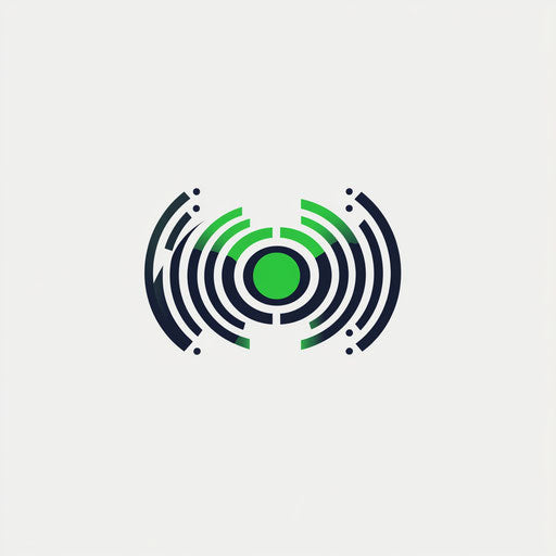 Professional DJ logo with a unique abstract mixer symbol integrated with elegant sans-serif typography, featuring a blend of vibrant green and dark blue colors, isolated on a flat light gray background.