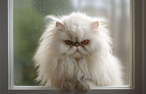 White Persian cat looking out of window, exaggerated face style