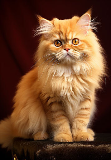 Beautiful golden Persian cat on stage, in the style of Reuben Nakian, Alpo Jaakola, Jean Fouquet, award-winning, light orange and light maroon, f/64 group, unbelievably beautiful 23:33