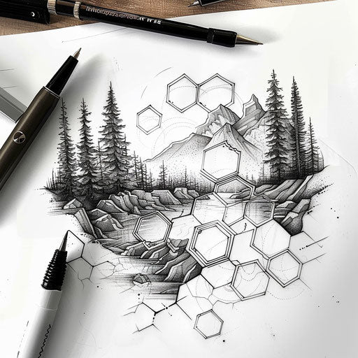 Dynamic flat tattoo sketch of hexagons morphing into natural landscapes