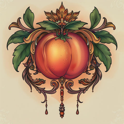 Flat baroque-style tattoo sketch of peach with ornate details