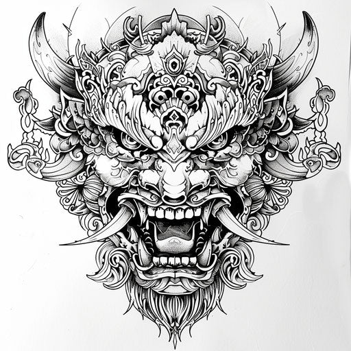 Oni face in black and white with intricate patterns on white canvas
