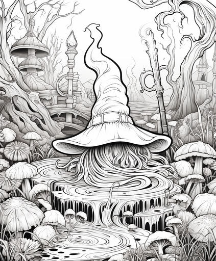 Halloween coloring page with witch hat, broom and broom, in the style of fantastical dreamscapes