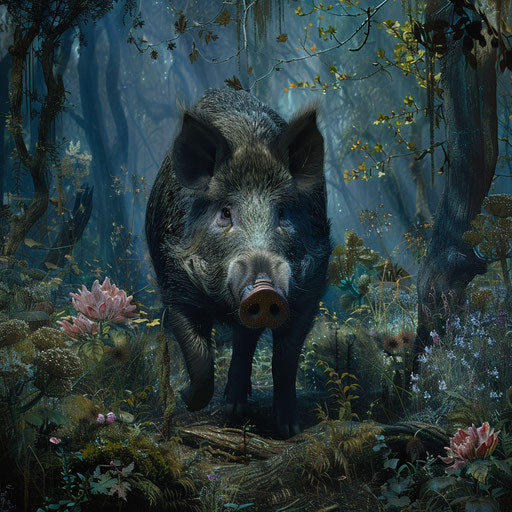 Wild boar in a fantastical woodland setting, like Simen Johan