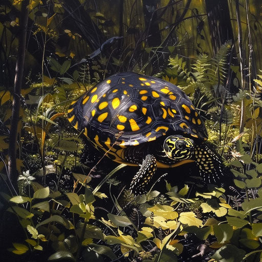 A yellow spotted turtle on a slow journey through a dense, sun-dappled underbrush.