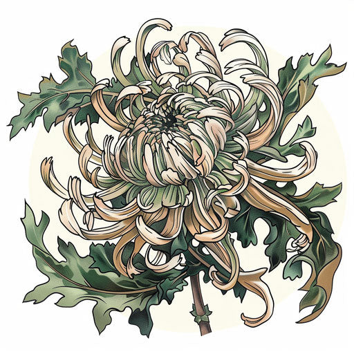 Vintage floral tattoo design of a chrysanthemum, stylized like old botanical illustrations, on a white background.