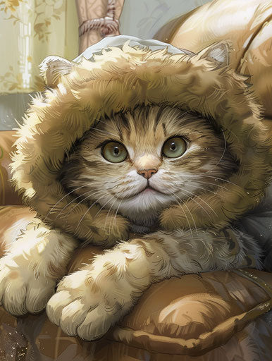 Blonde cat with brown furry hat on the couch