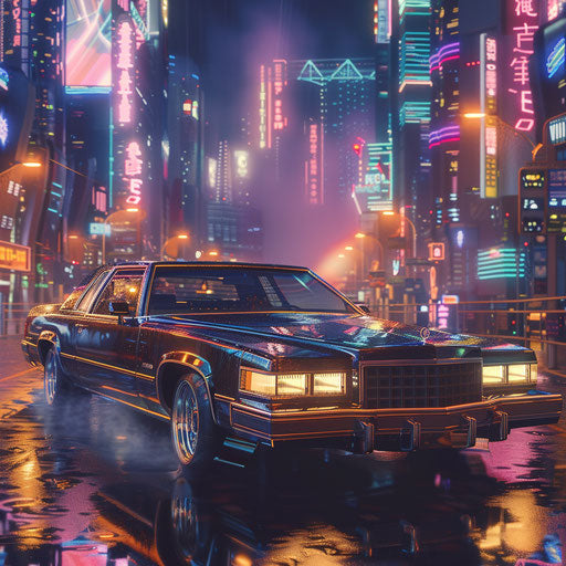 Retro-futuristic DeVille cruising in a sci-fi cityscape