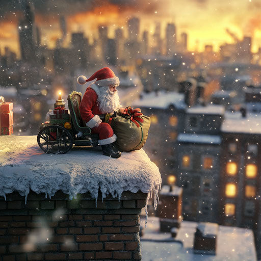 On the snow-covered rooftop, Santa is getting ready to descend with his sleigh and a sack of gifts beside him.