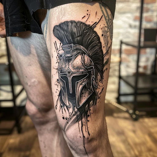 Knee tattoos in the style of David Palumbo with warrior helmet