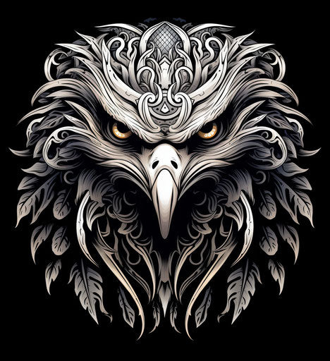 Eagle with tribal design in black and white engraving style