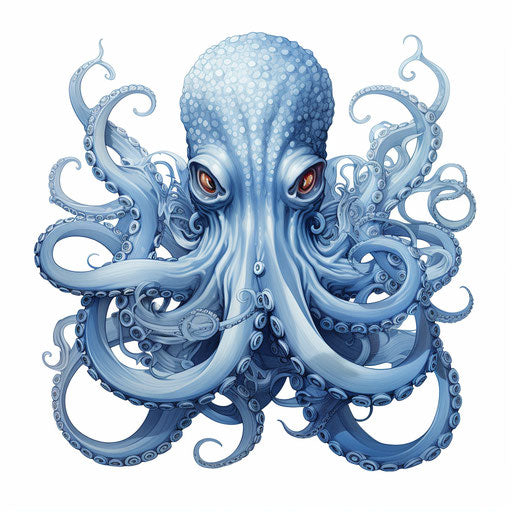 Blue octopus swirling on white, monochromatic realism style
