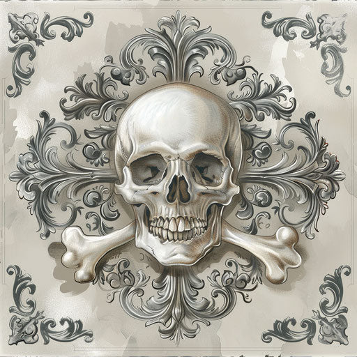 Elegant sketch of the Jolly Roger with ornate scrollwork