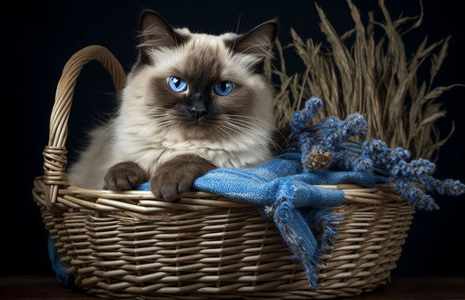 Siamese cat in basket with straw, Goerz hypergon 6.5mm f/8 style