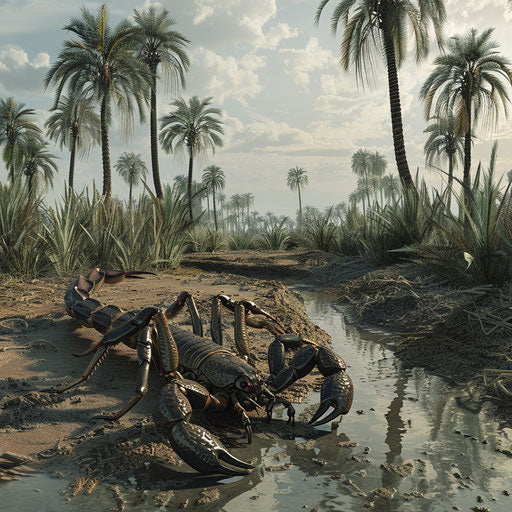 Scorpion in an oasis with palm trees in the background