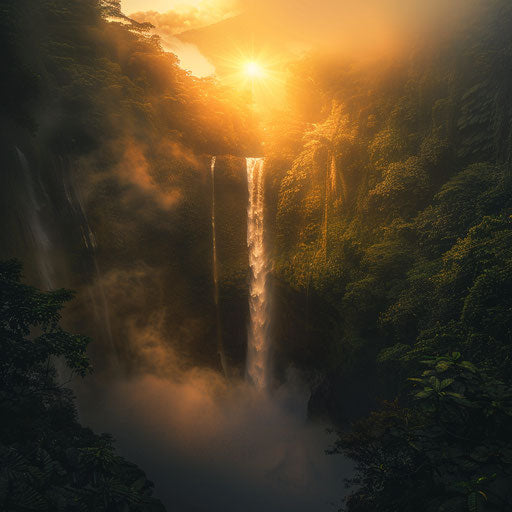 La Fortuna Waterfall with epic mist and golden light