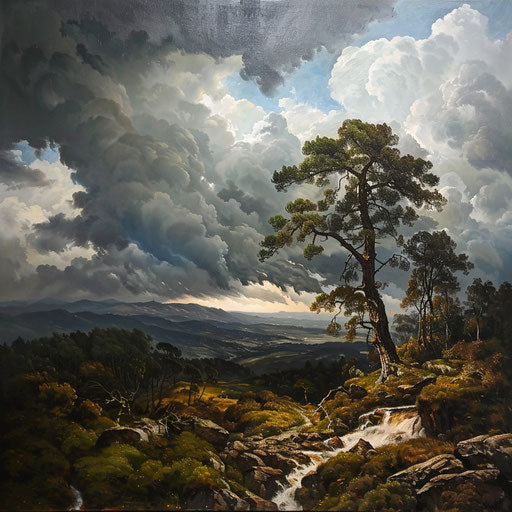 Vitosha with turbulent sky, in the style of Andreas Achenbach