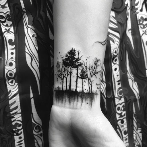 Tree silhouette wrist tattoo in the style of Humberto Ramos