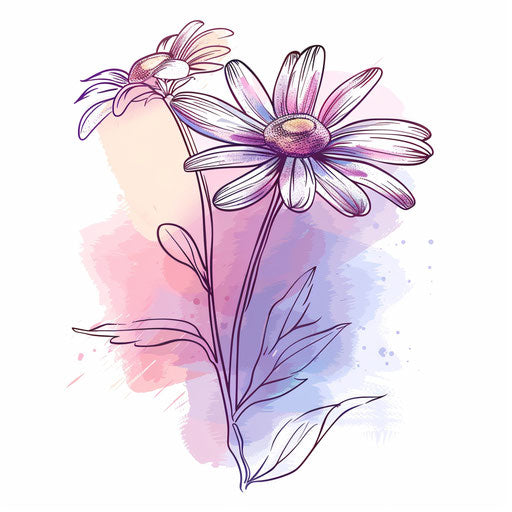 Elegant tattoo sketch of a daisy with long stems in a clipart flat style, highlighted with shades of pink and purple