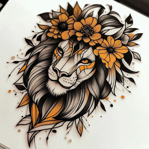 Stylized lion with floral mane for hand tattoo