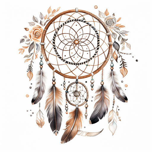 Dream catcher with feathers on white background, intricate blackwork style