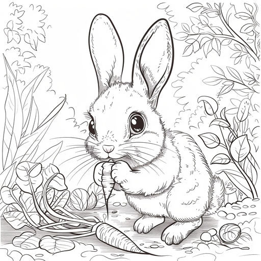 A cartoon bunny eating a carrot in a vegetable garden. Coloring book page