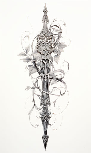 Drawing of a sword surrounded by two vines and leaves