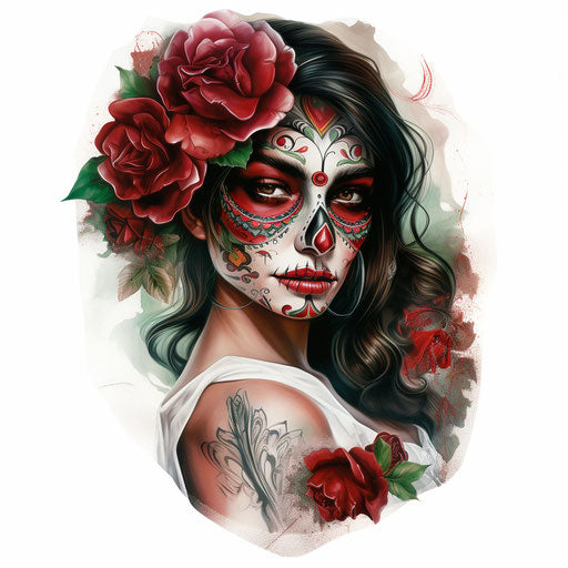 Girl with tattoos in Mexico Day of the Dead, feminine sticker art style