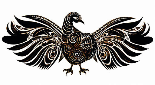 Black design with king pheasant and feathers, Tongan art style