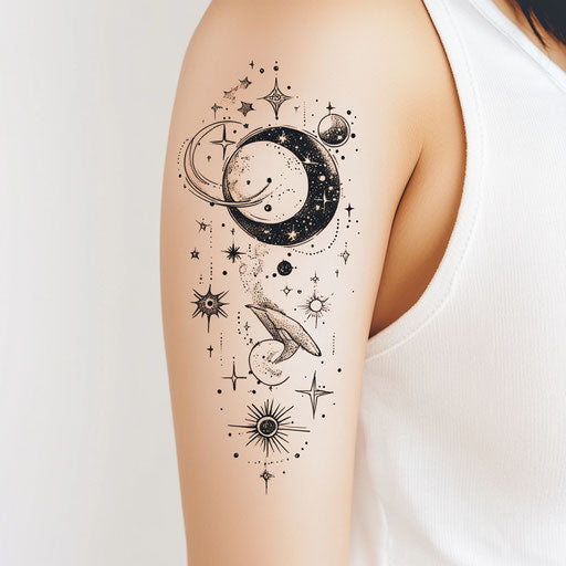 Women's upper arm tattoo with constellation and galaxy theme