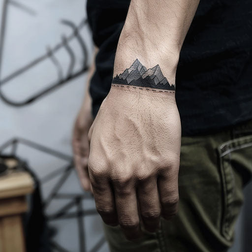 Men's wrist tattoos with minimalist mountains