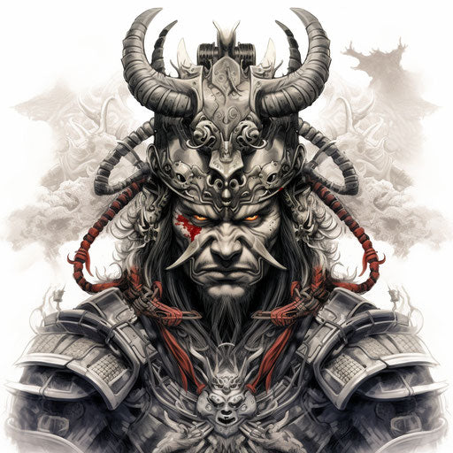 Misty samurai with classic tattoo motifs, violent style