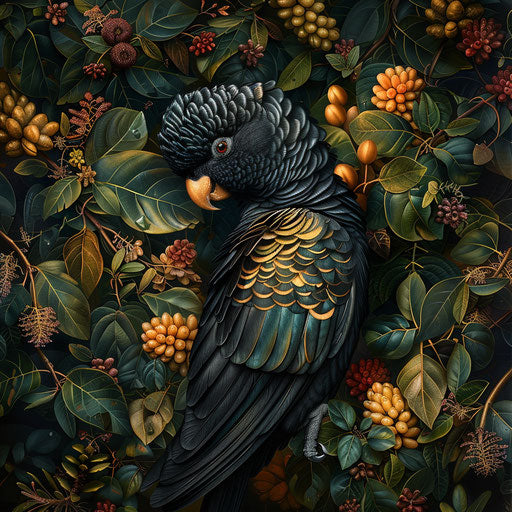 Black cockatoo with yellow tail preening feathers in vibrant foliage