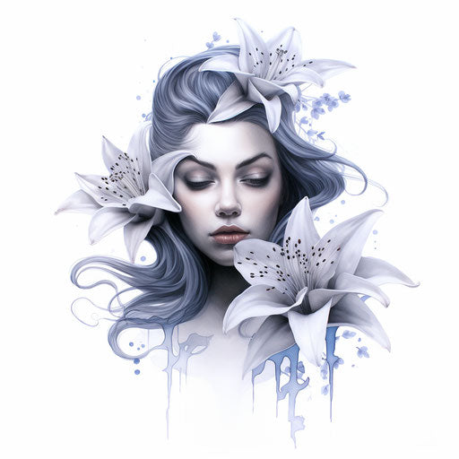 Lily tattoo design ideas, in the style of dark white and silver