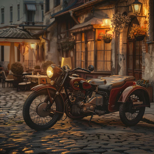 Vintage motorcycle with sidecar in front of café at dawn