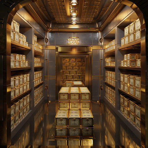 Traditional vault filled with bills and gold bars