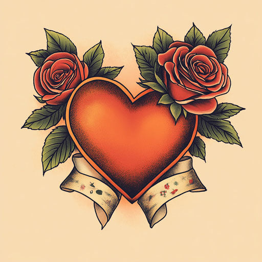 Mom heart tattoo with a vintage banner and roses in the style of Sailor Jerry