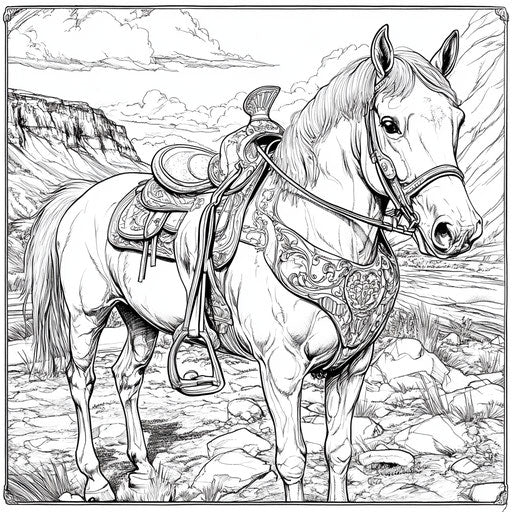 Wild horse with elaborate tack, inspired by Teagan White, coloring page