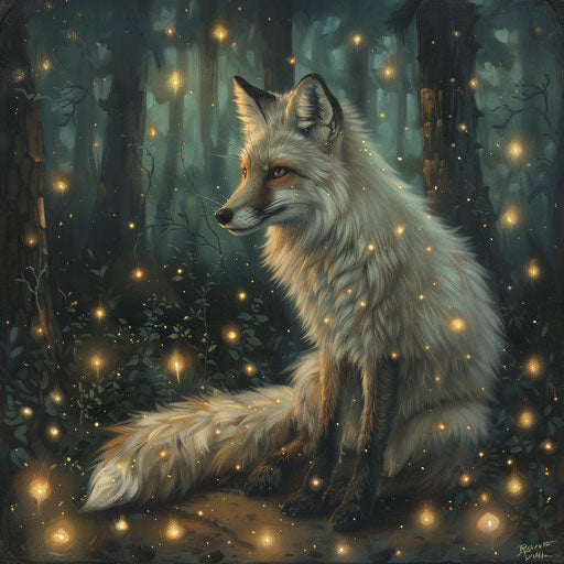 White tail fox in the glow of a forest firefly display