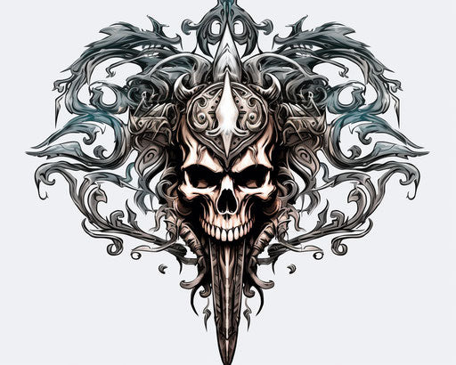 Skull with shield and sword tattoo, hellish background, black and white graphic