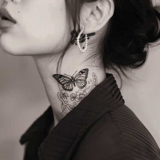 Butterfly neck tattoo with Japanese influences, in the style of Ami James
